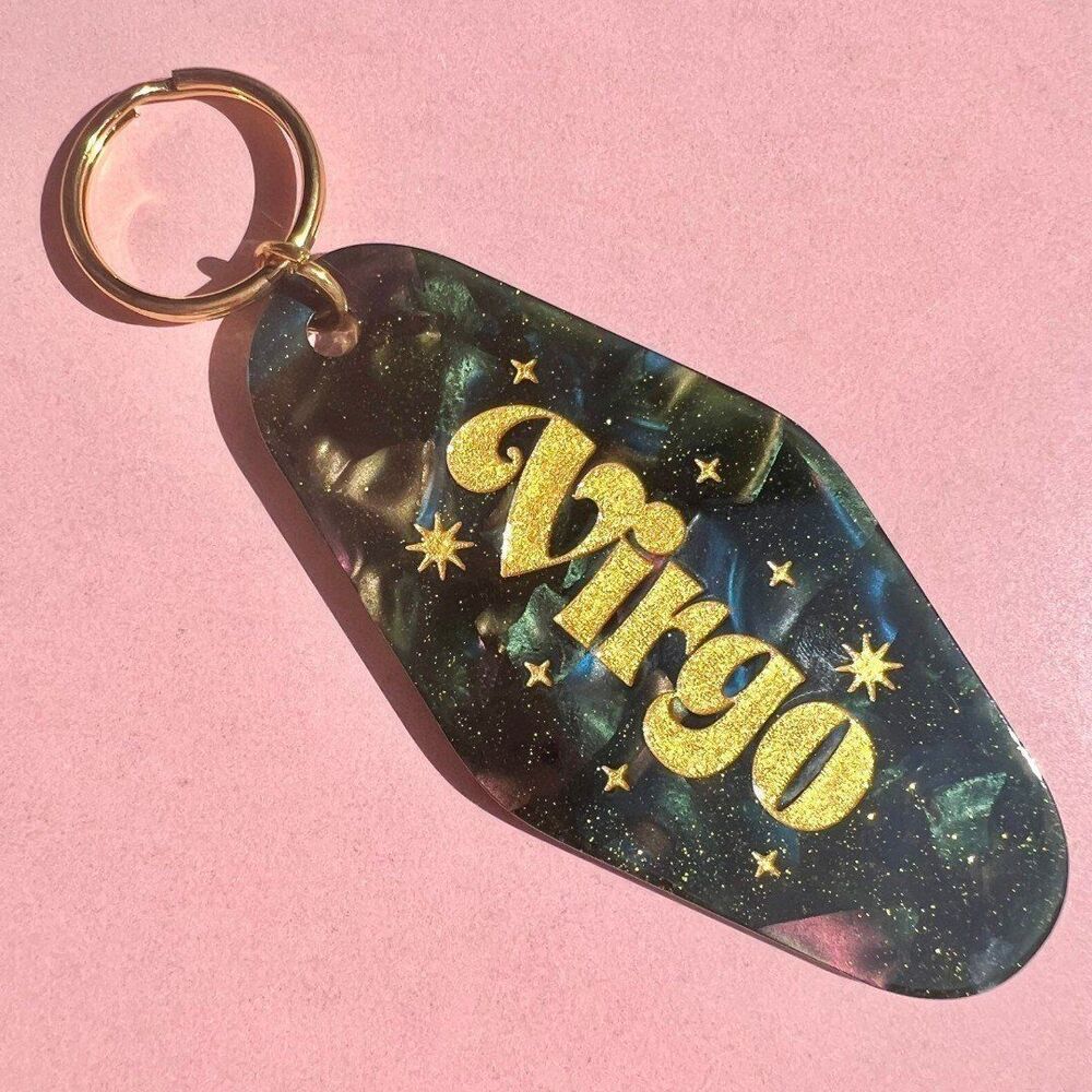 Virgo Horoscope Engraved Glitter Resin Motel Style Gold Keychain